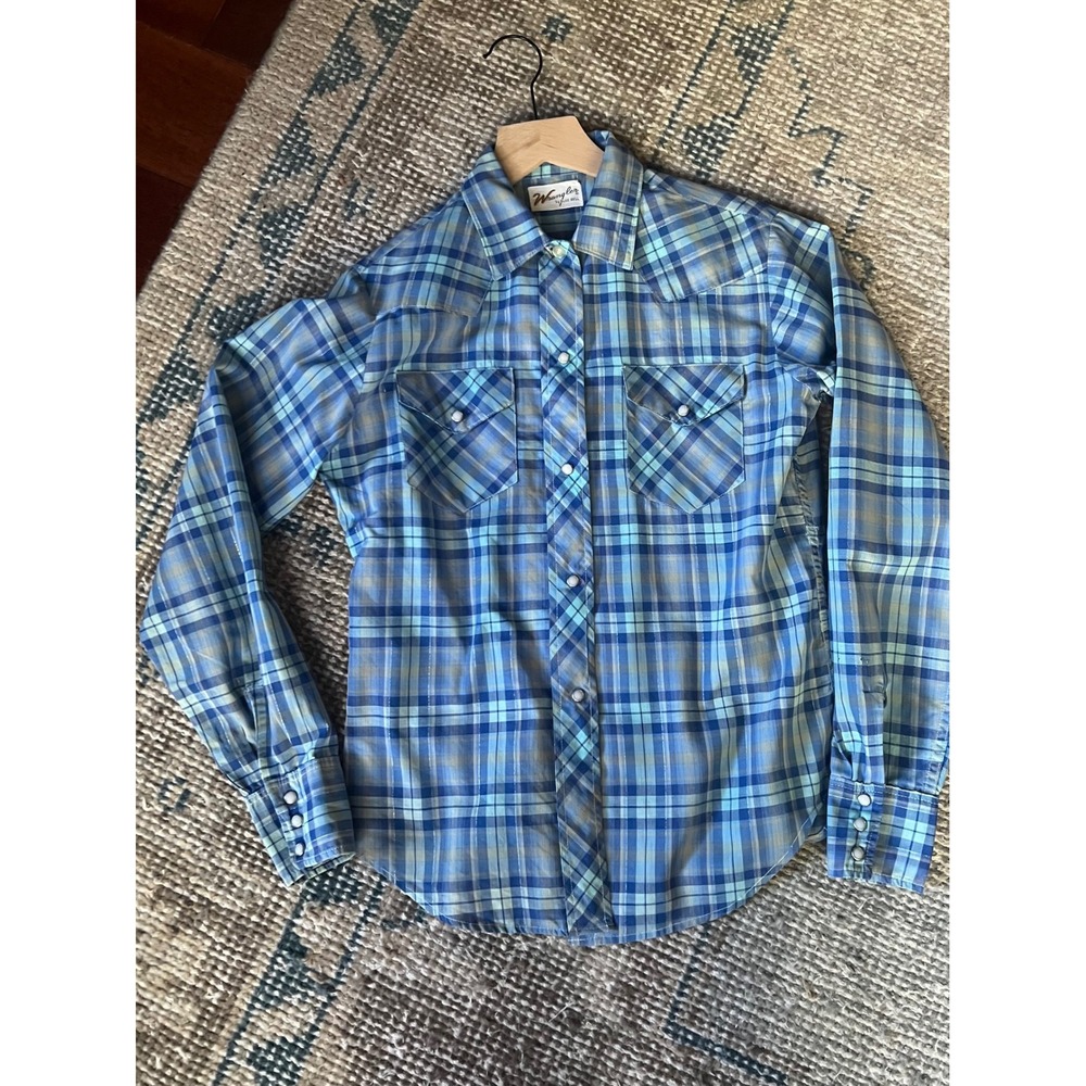 Vintage Wrangler Western Cowgirl Shirt Cool Blue Pearl Snap 32